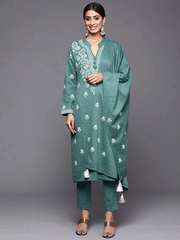 Sea Green Printed Wool Straight Suit Set - Libas