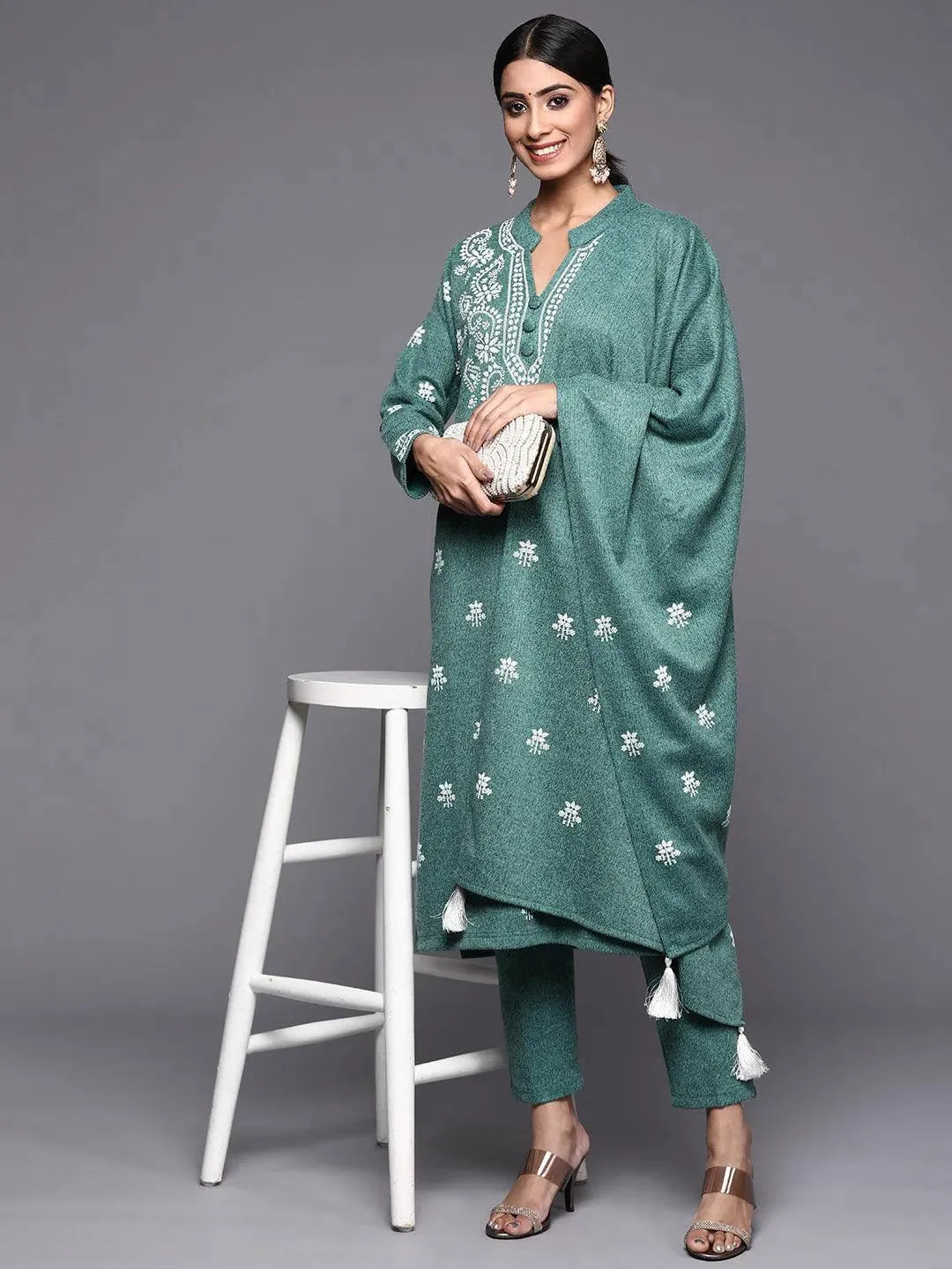 Sea Green Printed Wool Straight Suit Set - Libas 