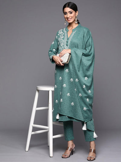 Sea Green Printed Wool Straight Suit Set - Libas