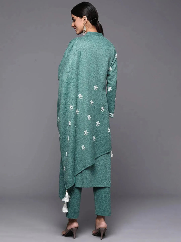 Sea Green Printed Wool Straight Suit Set - Libas