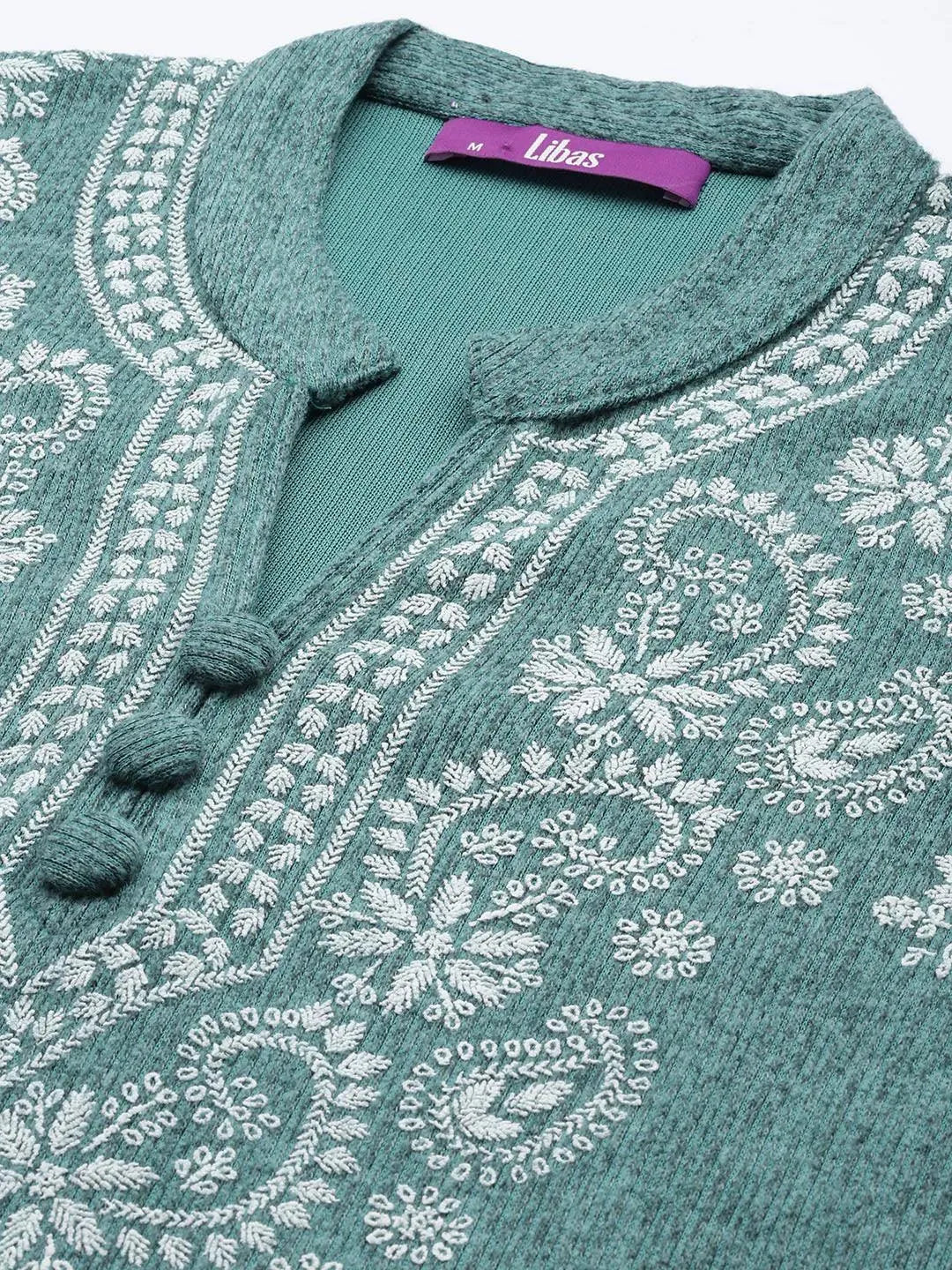 Sea Green Printed Wool Straight Suit Set - Libas 
