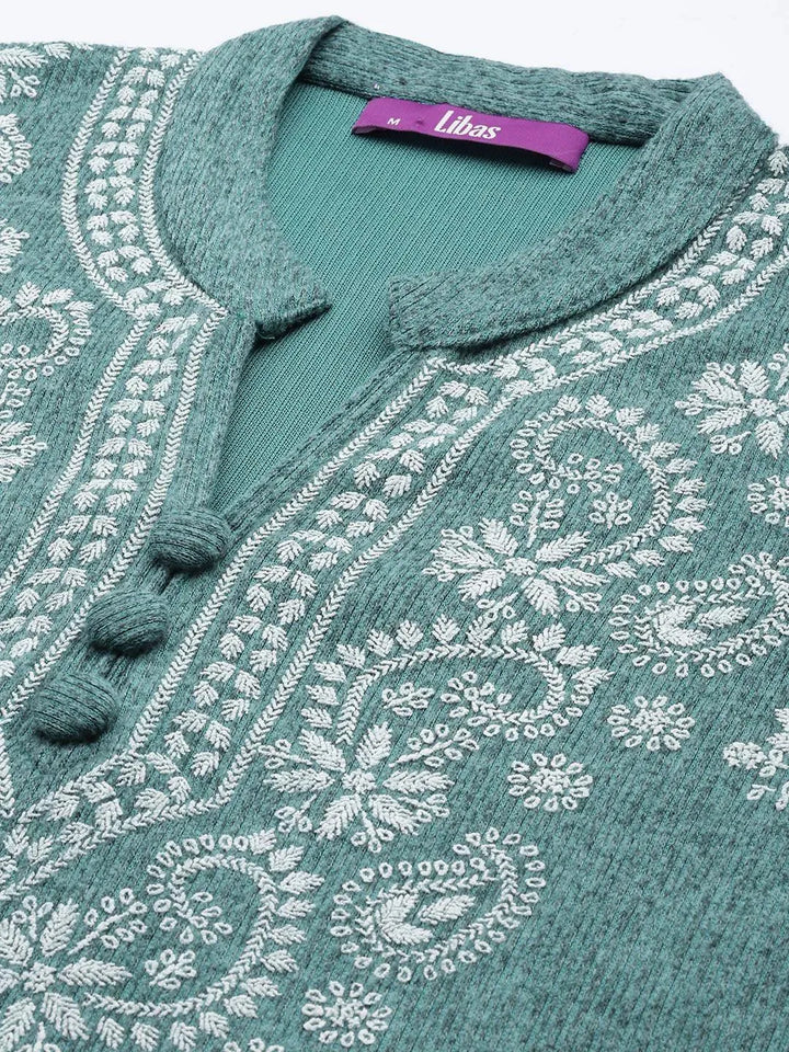 Sea Green Printed Wool Straight Suit Set - Libas