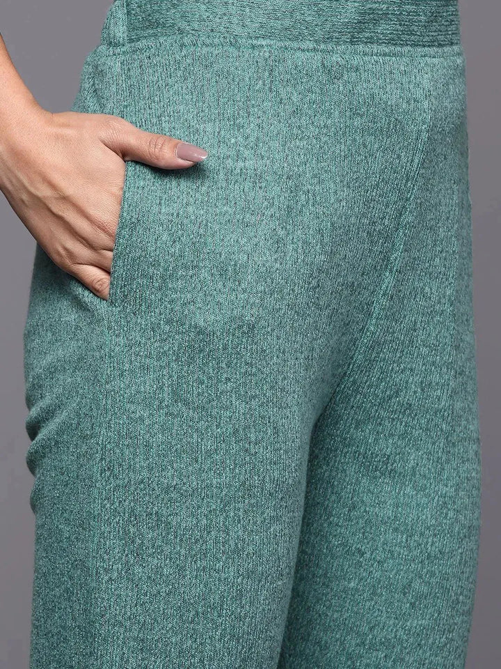 Sea Green Printed Wool Straight Suit Set - Libas