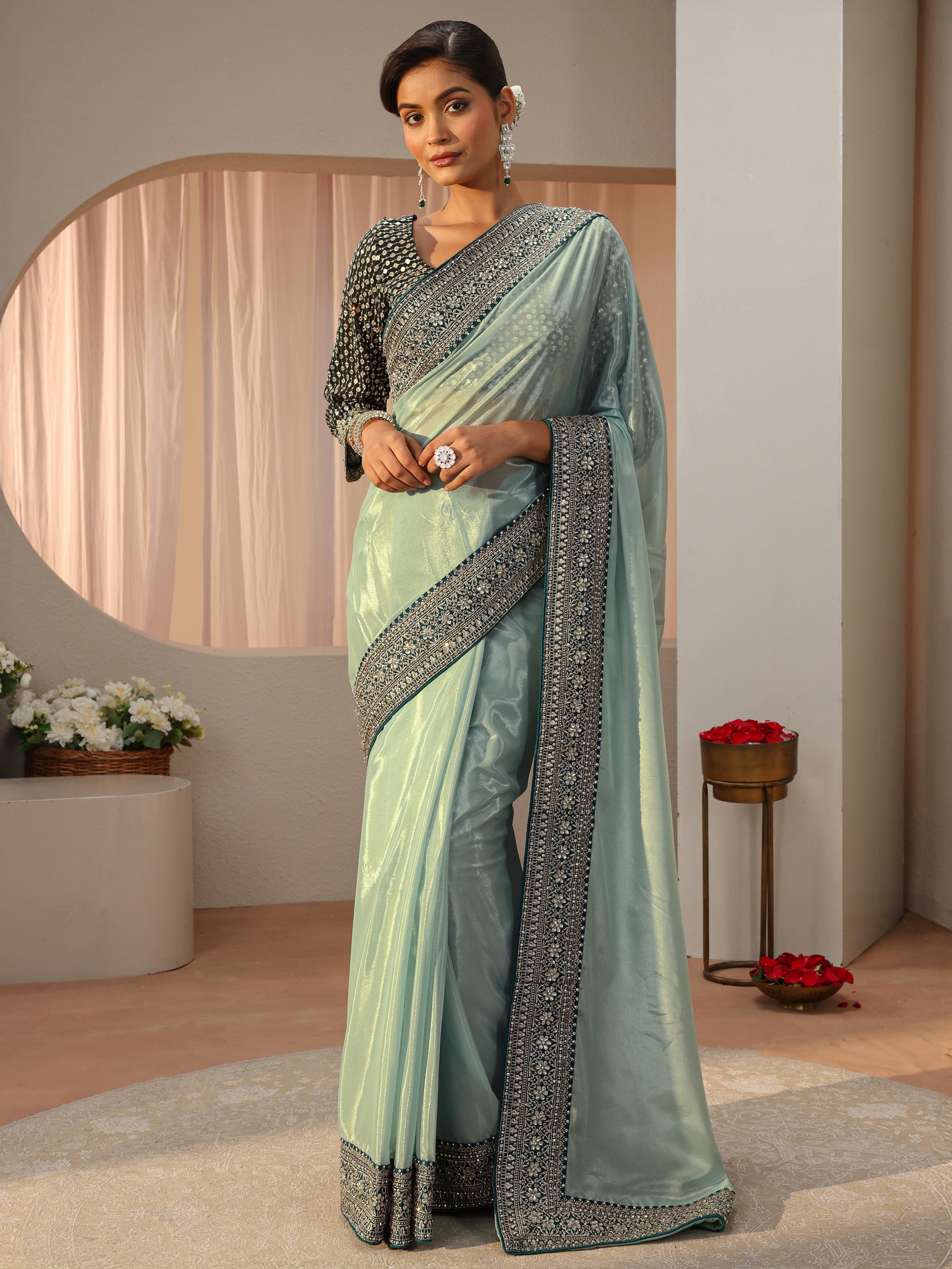 libas Sea Green Satin Saree With Floral Border-picture-13