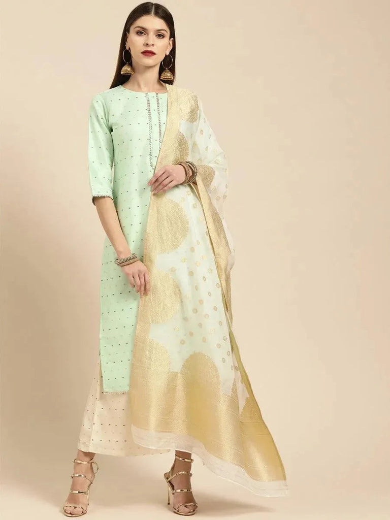 Libas Sea Green Self Design Chanderi Silk Straight Kurta With Palazzos & Dupatta