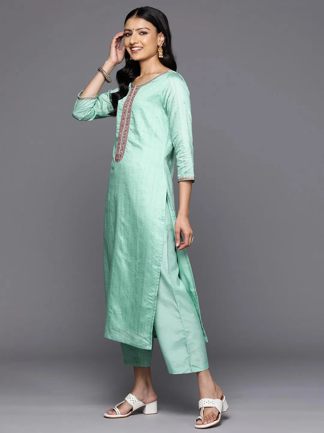 Sea Green Self Design Rayon Straight Kurta With Trousers & Dupatta - Libas 