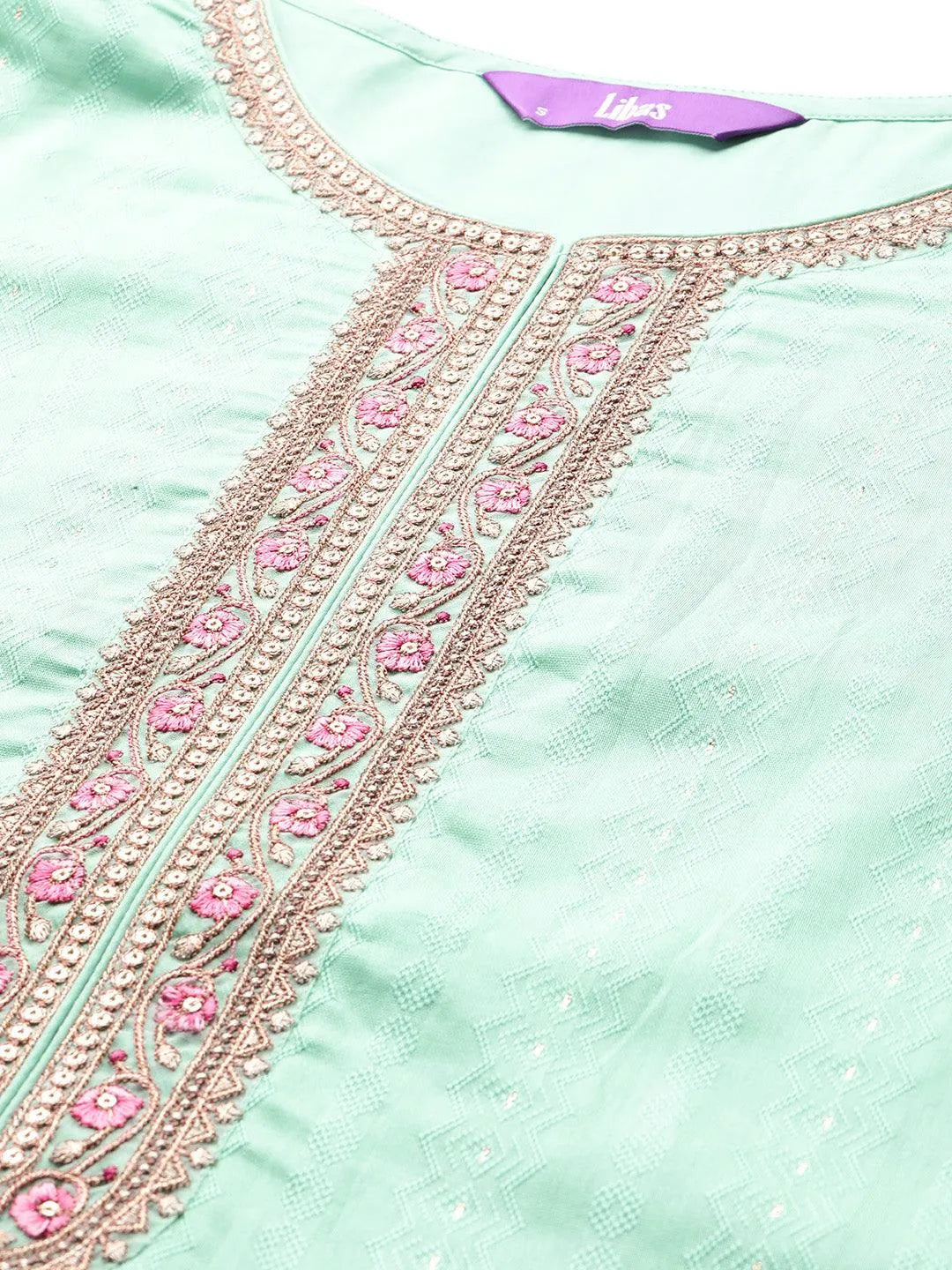 Sea Green Self Design Rayon Straight Kurta With Trousers & Dupatta - Libas 