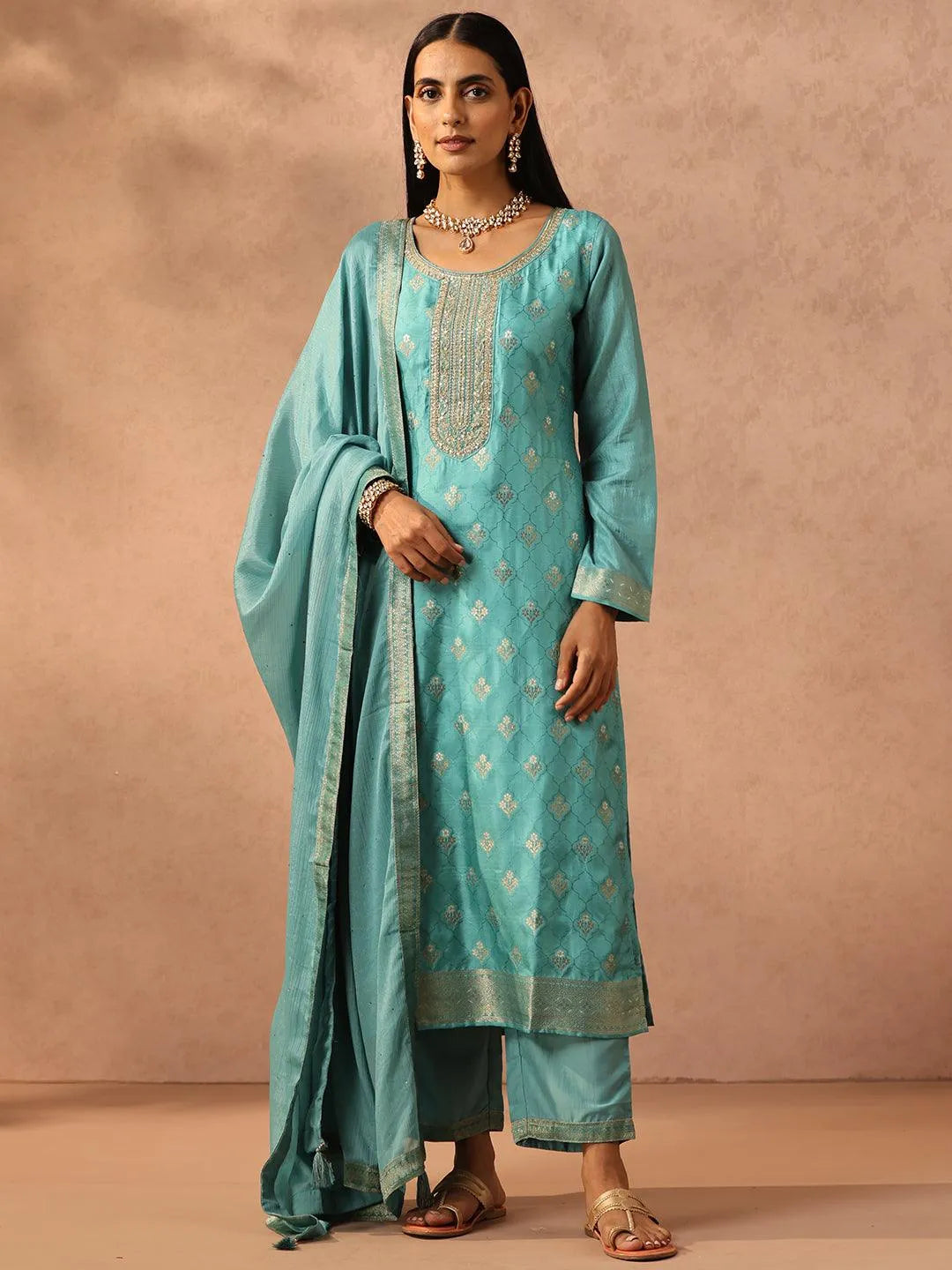 Sea Green Self Design Silk Blend Straight Suit Set With Trousers - Libas