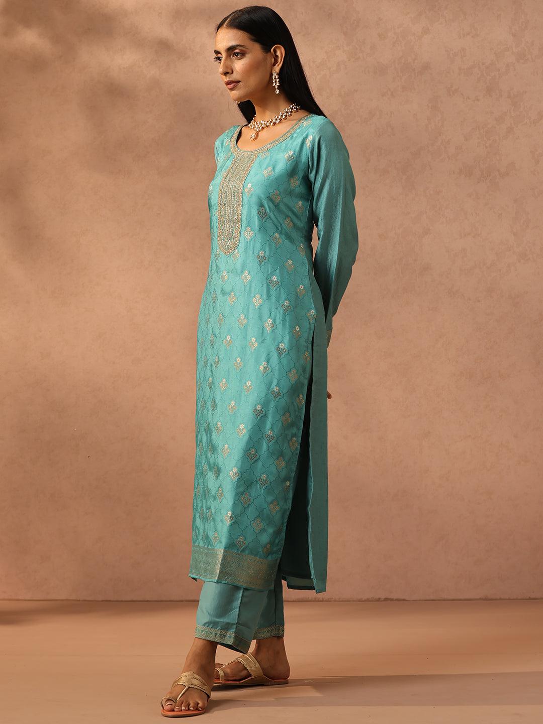 Green Self Design Silk Blend Pakistani Suit