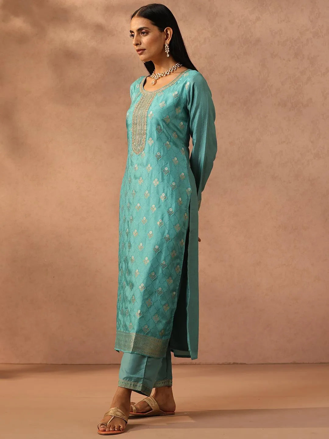 Sea Green Self Design Silk Blend Straight Suit Set With Trousers - Libas