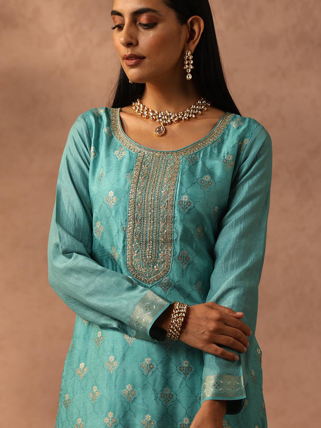 Sea Green Self Design Silk Blend Straight Suit Set With Trousers - Libas