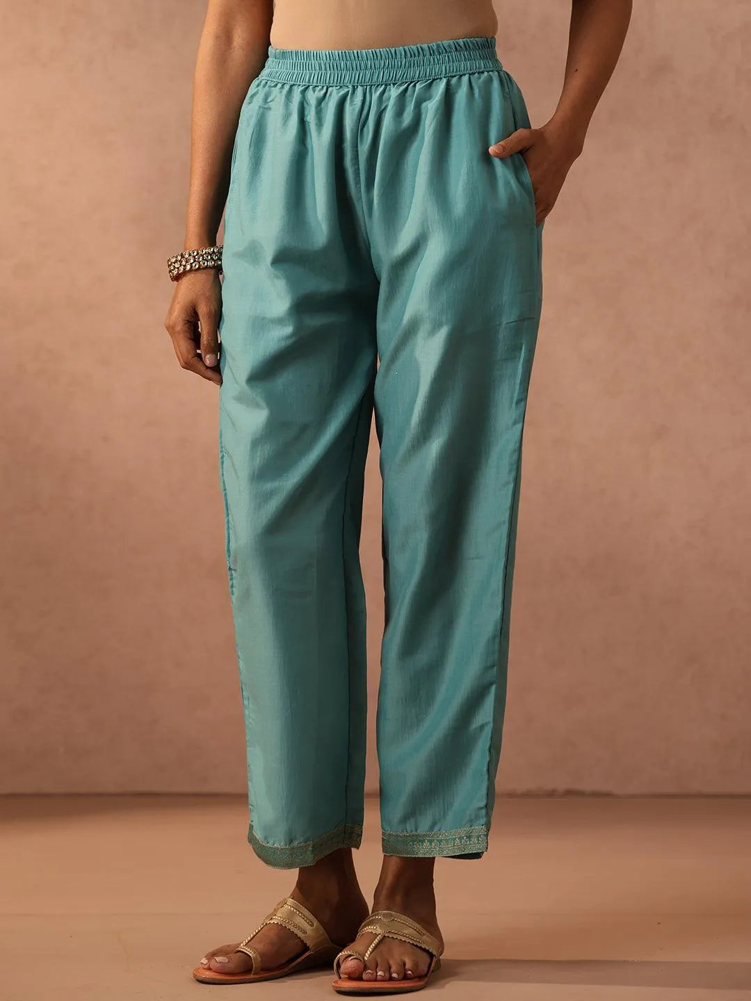 Sea Green Self Design Silk Blend Straight Suit Set With Trousers - Libas