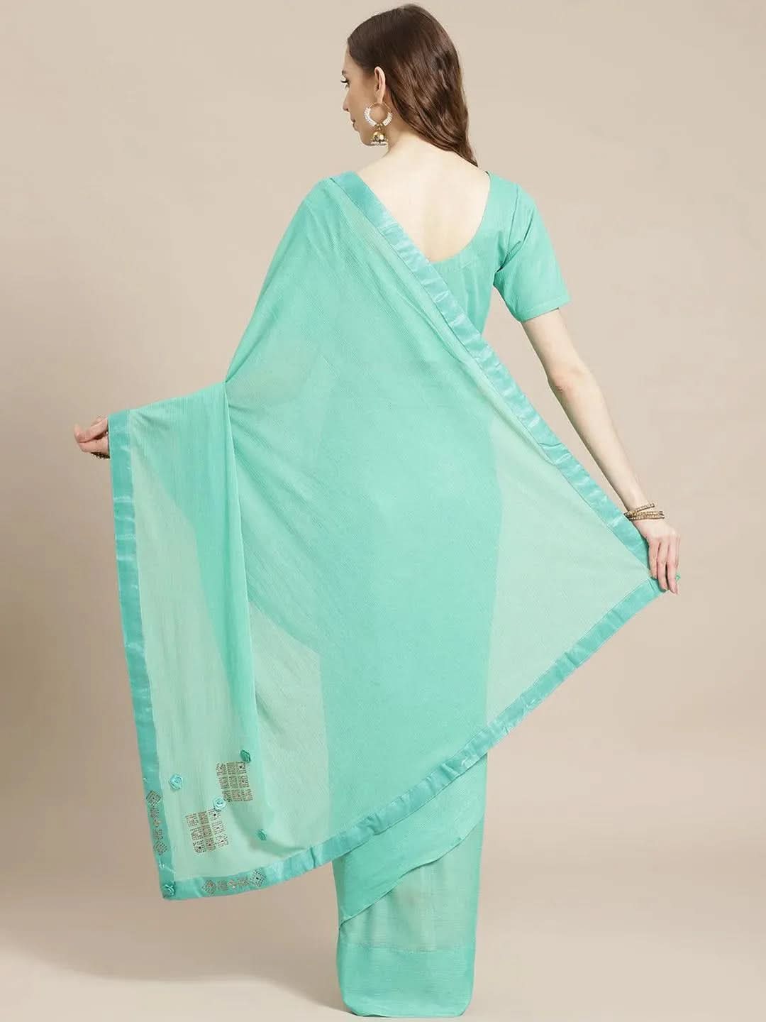 Sea Green Solid Polyester Saree - Libas 