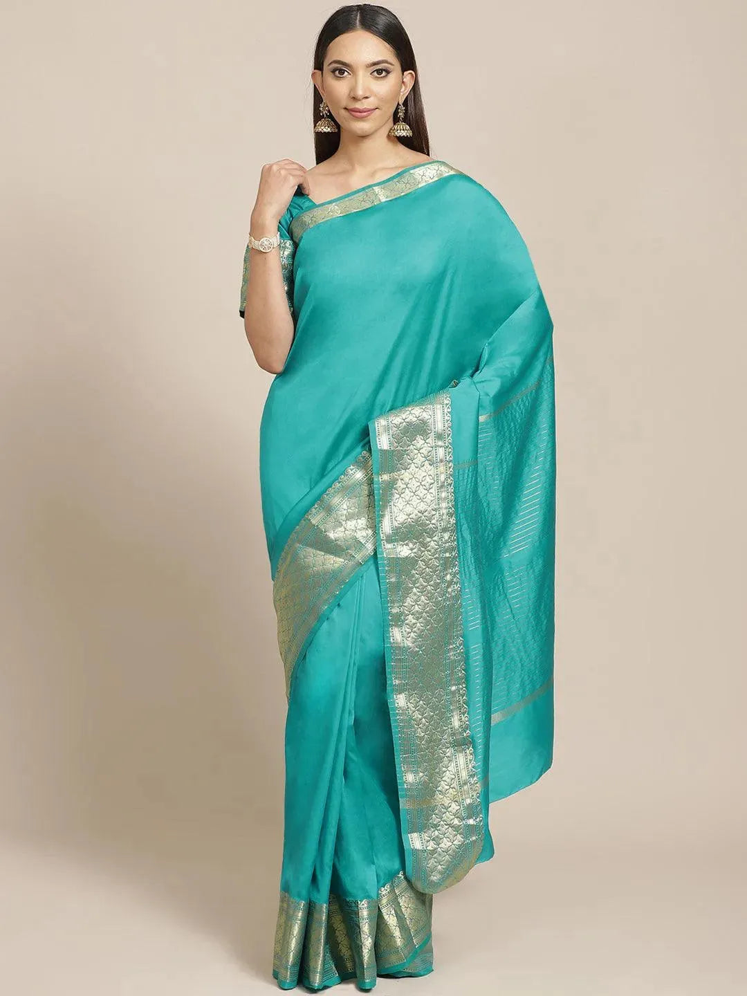 Sea Green Solid Silk Blend Saree - Libas