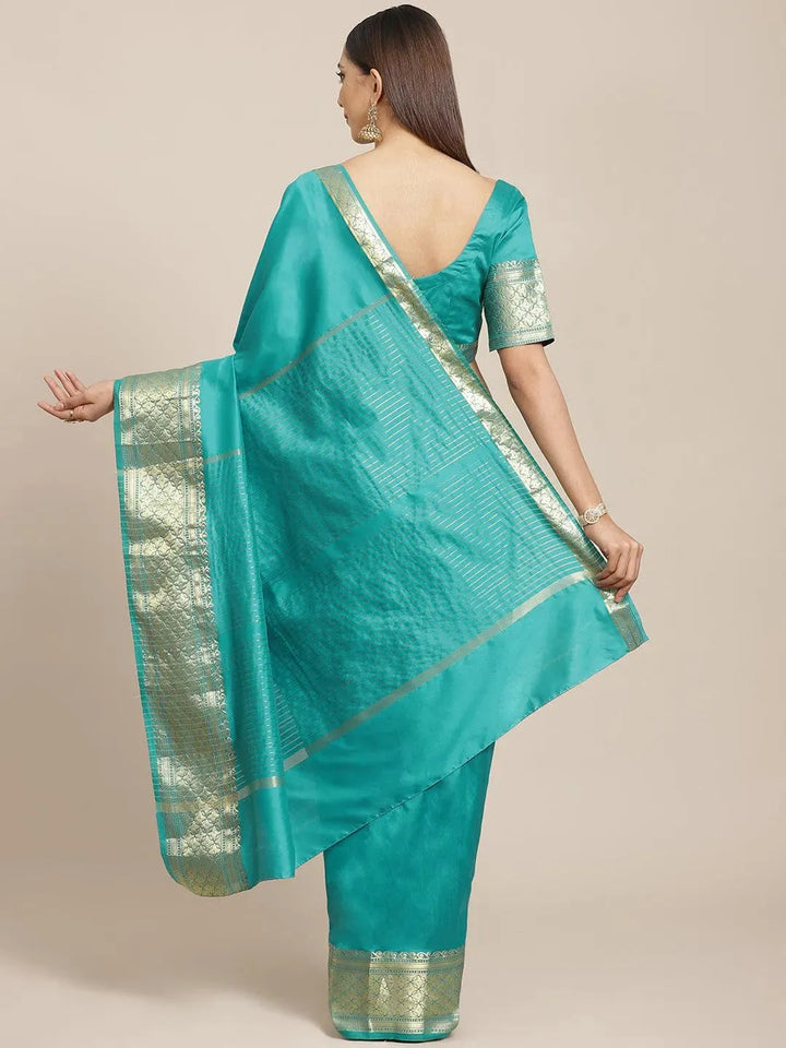 Sea Green Solid Silk Blend Saree - Libas