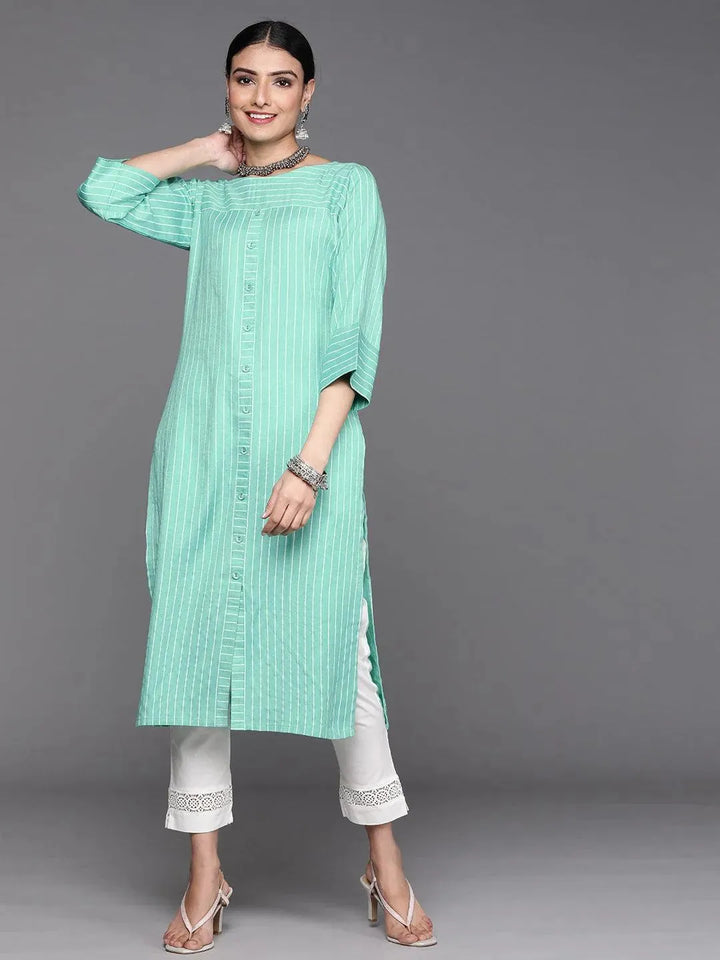 Sea Green Striped Cotton Kurta - Libas