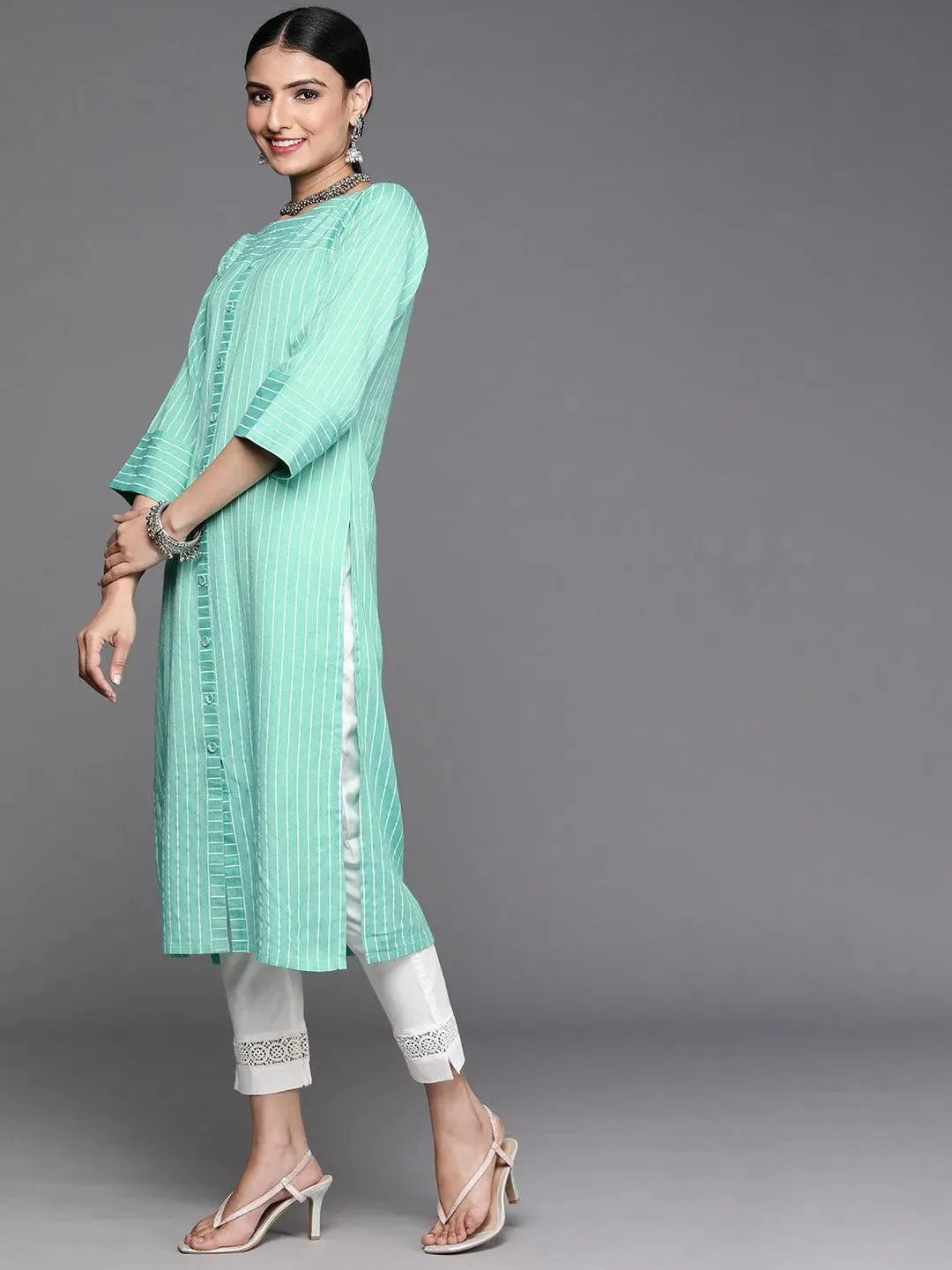 Sea Green Striped Cotton Kurta - Libas