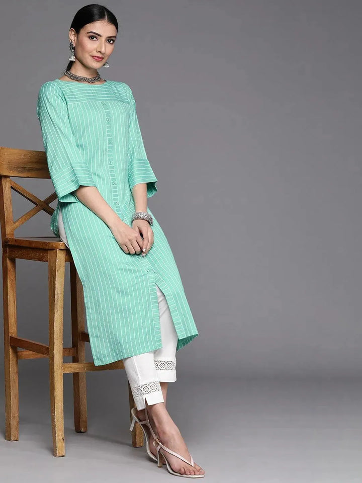 Sea Green Striped Cotton Kurta - Libas