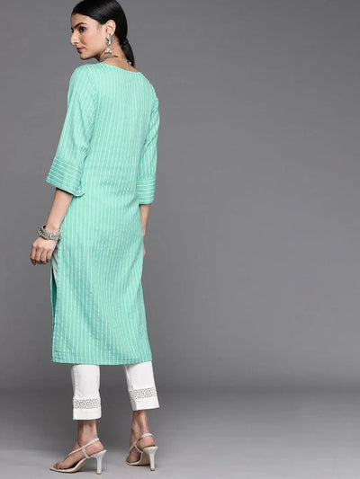 Sea Green Striped Cotton Kurta - Libas