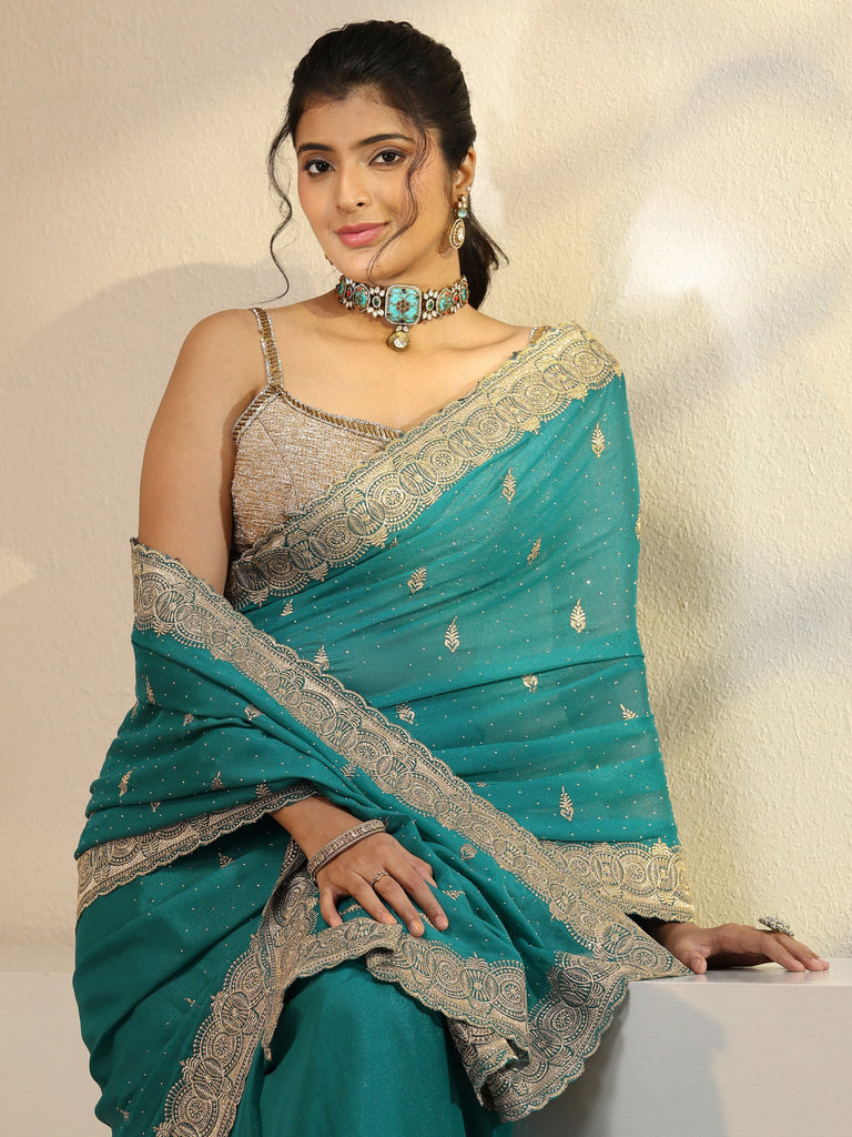 Libas Sea Green Tissue Saree With Embellished Border