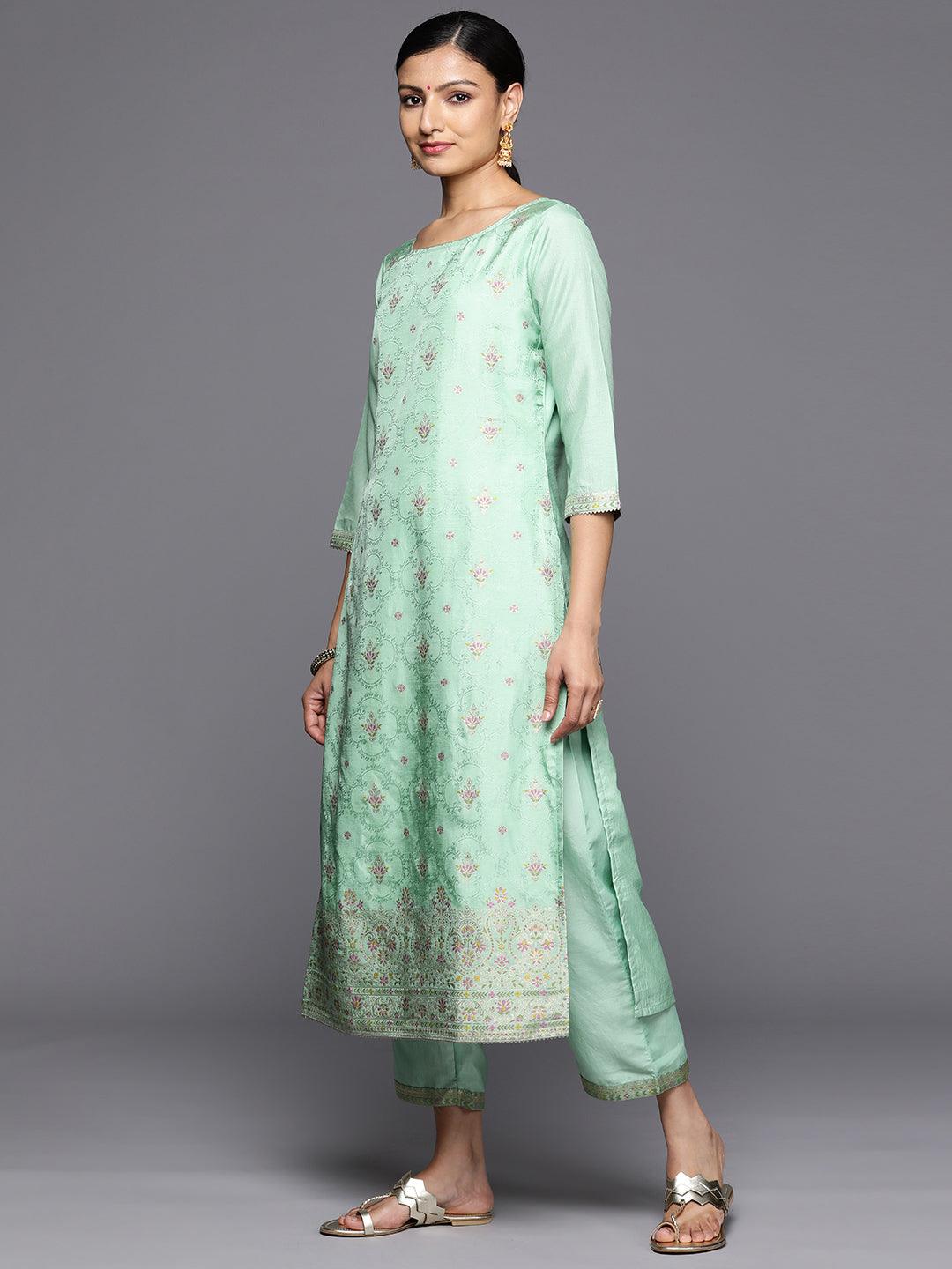 Sea Green Woven Design Silk Blend Straight Kurta With Trousers & Dupatta - Libas