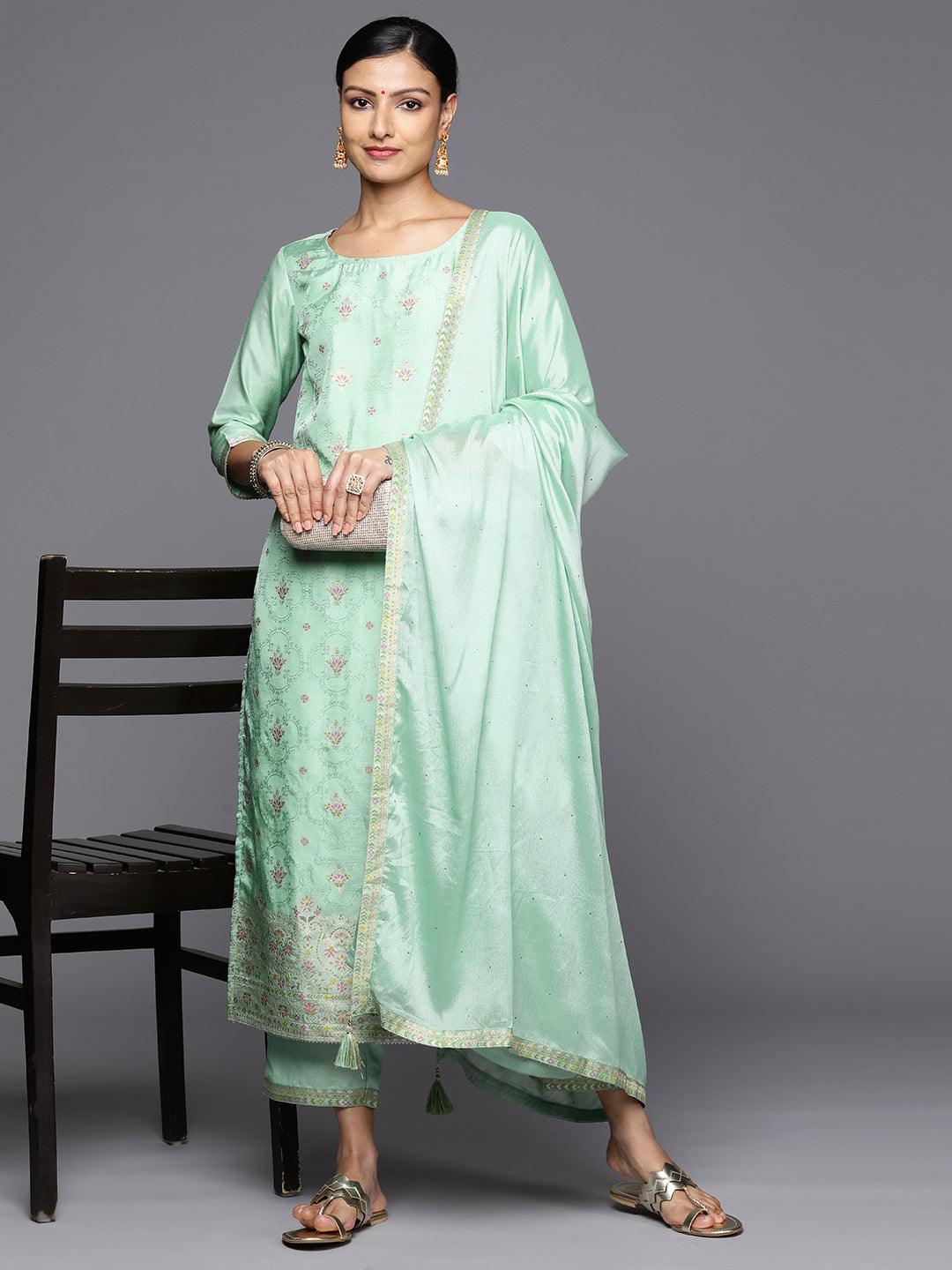 Sea Green Woven Design Silk Blend Straight Kurta With Trousers & Dupatta