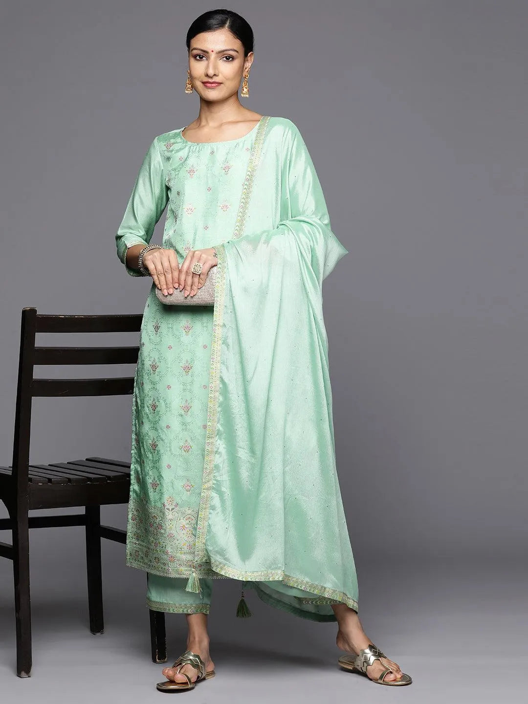 Sea Green Woven Design Silk Blend Straight Kurta With Trousers & Dupatta - Libas 
