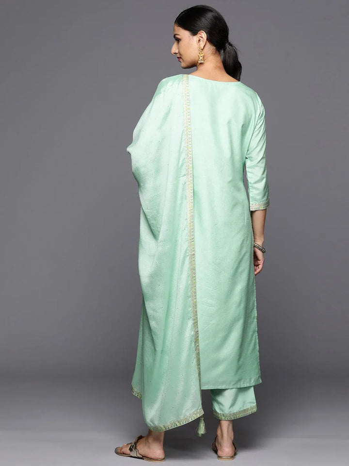 Sea Green Woven Design Silk Blend Straight Kurta With Trousers & Dupatta - Libas