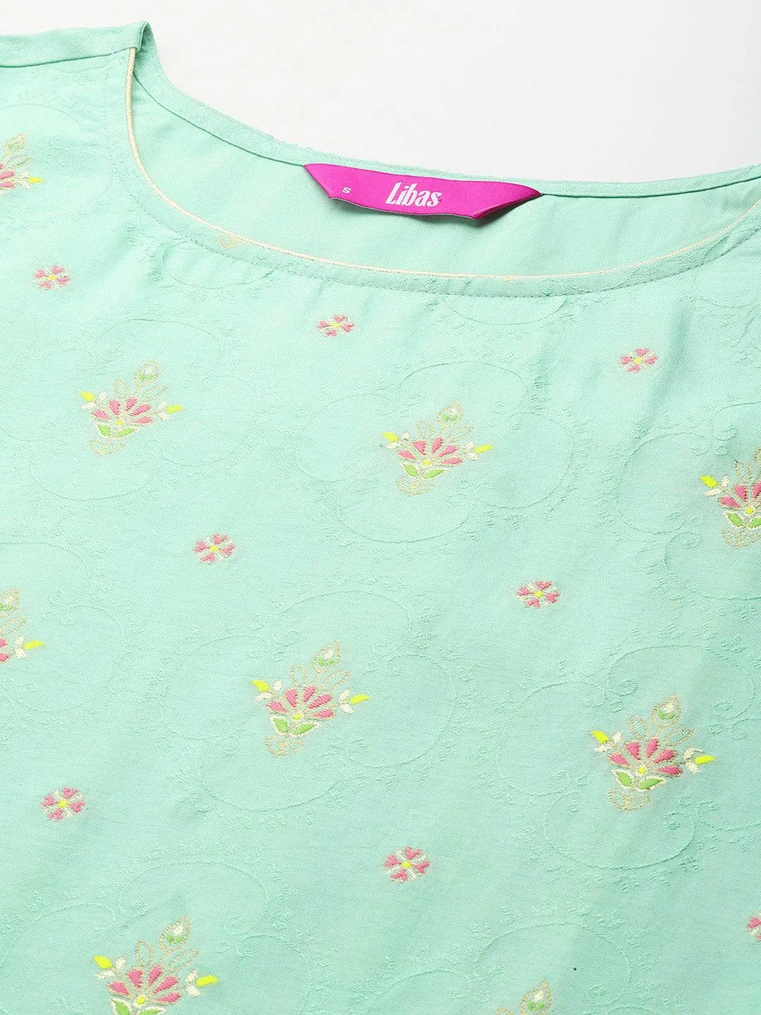 Sea Green Woven Design Silk Blend Straight Kurta With Trousers & Dupatta - Libas 