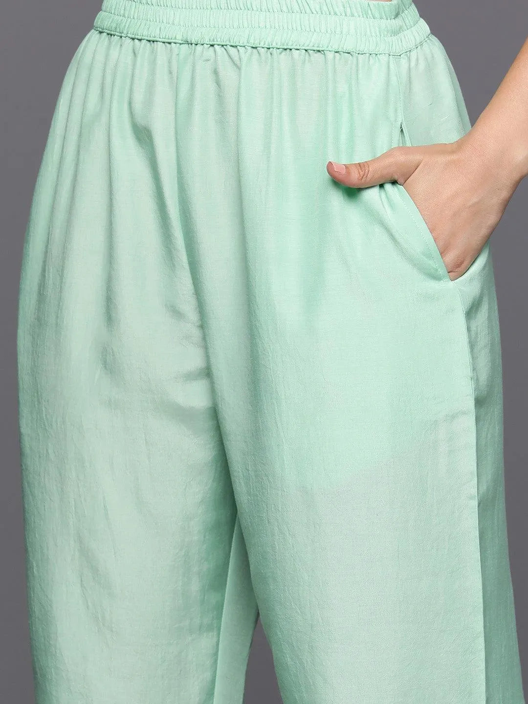 Sea Green Woven Design Silk Blend Straight Kurta With Trousers & Dupatta - Libas 