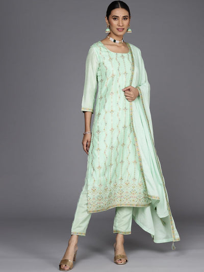 Sea Green Woven Design Silk Suit Set - Libas