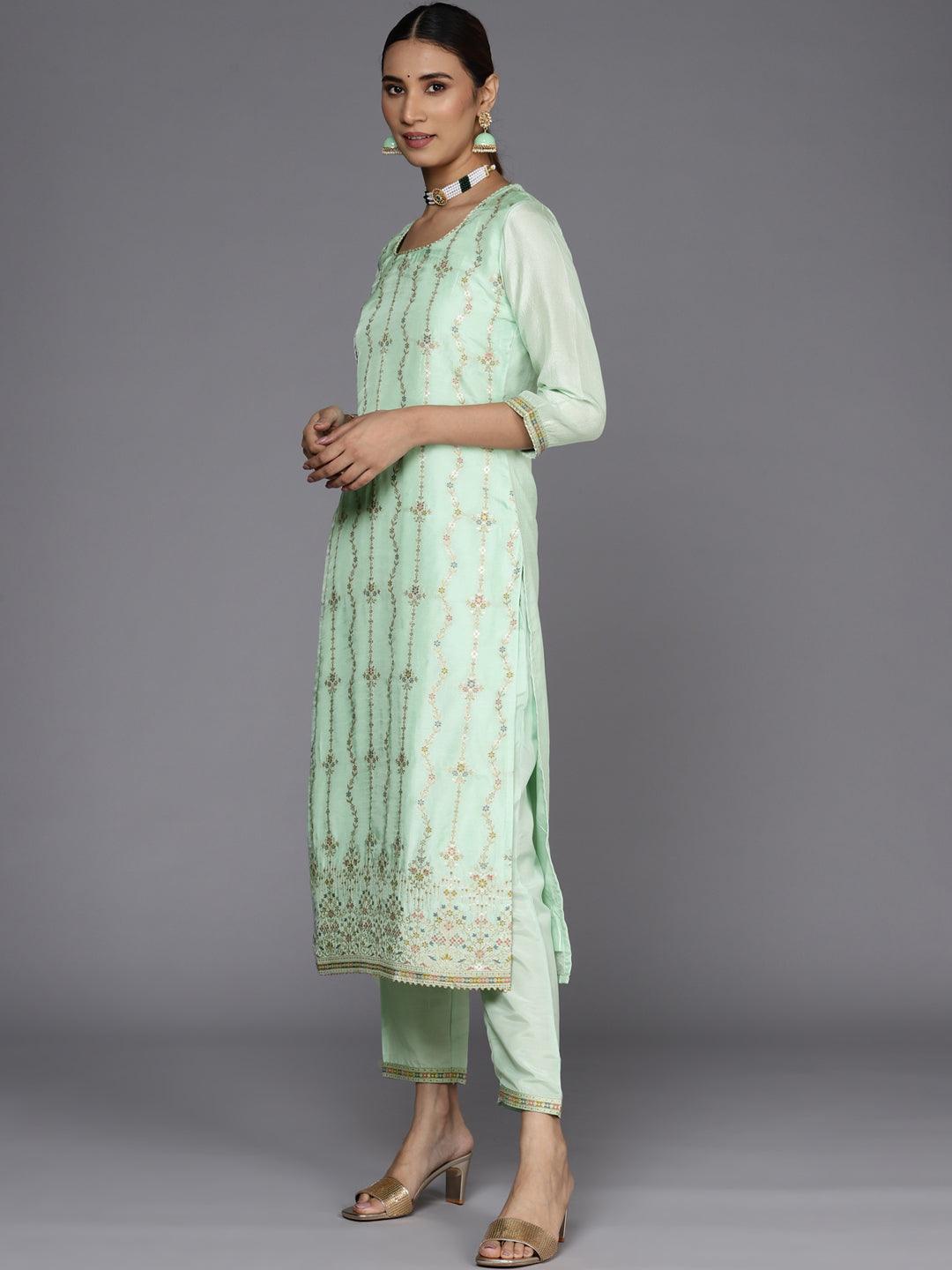 Sea Green Woven Design Silk Suit Set - Libas