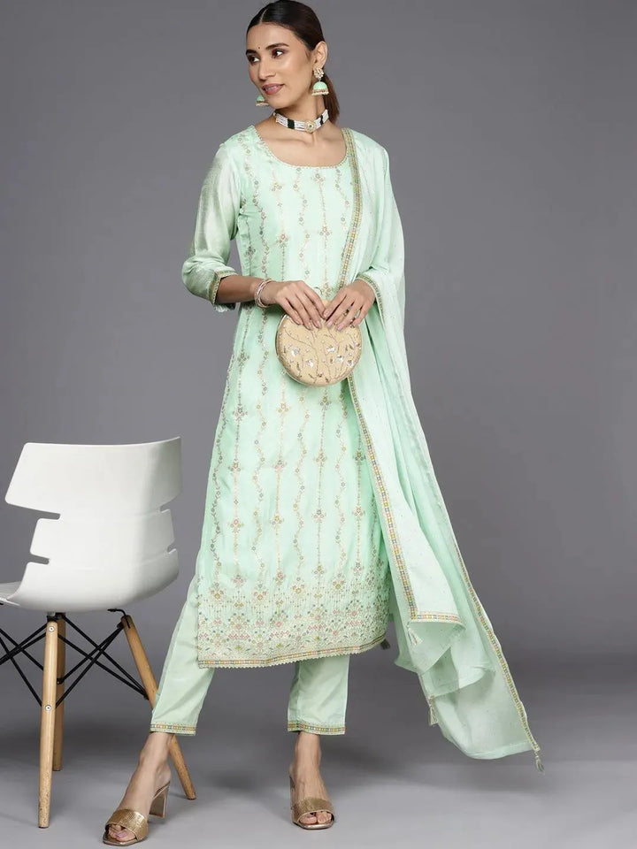 Sea Green Woven Design Silk Suit Set - Libas