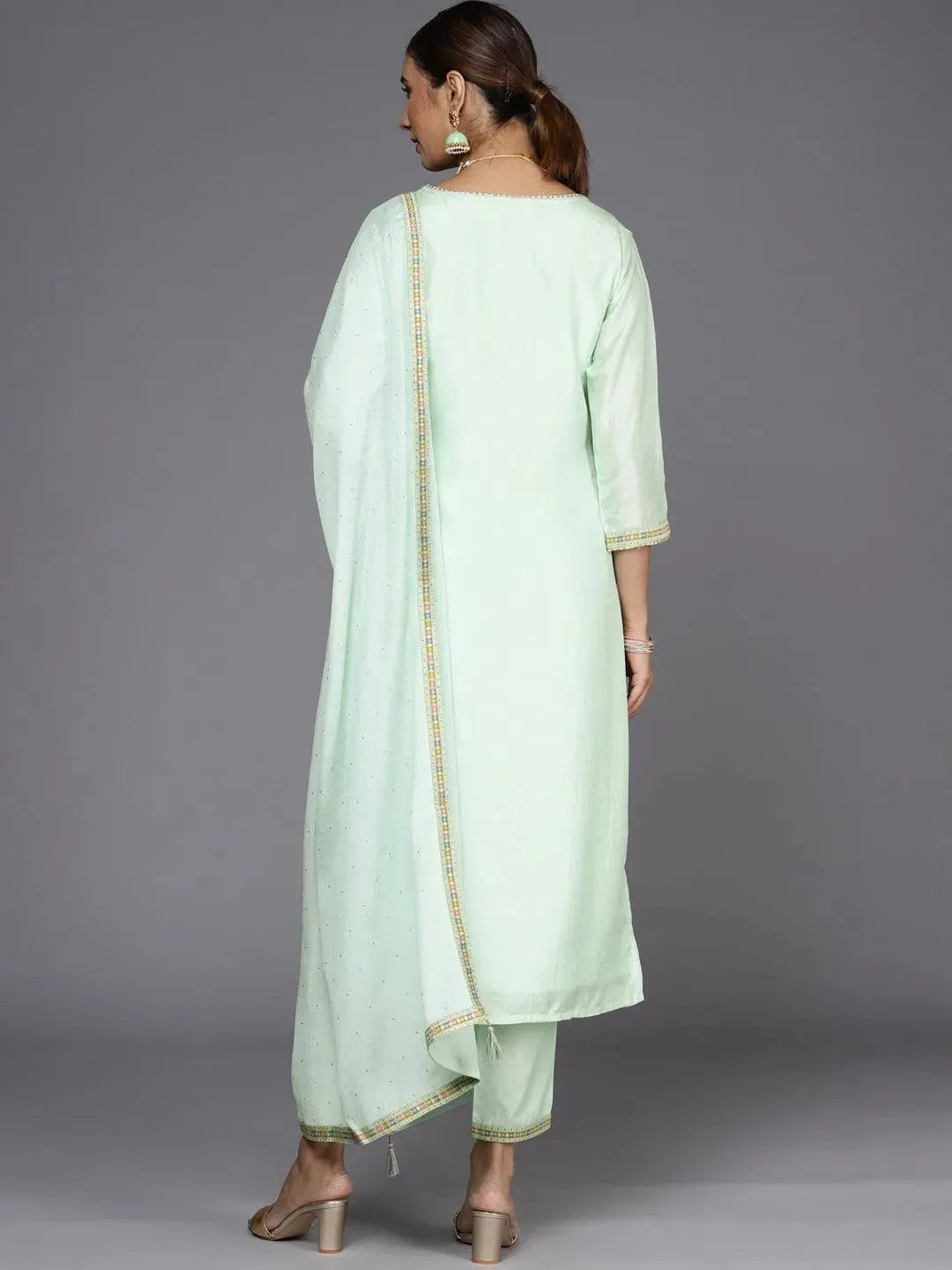 Sea Green Woven Design Silk Suit Set - Libas