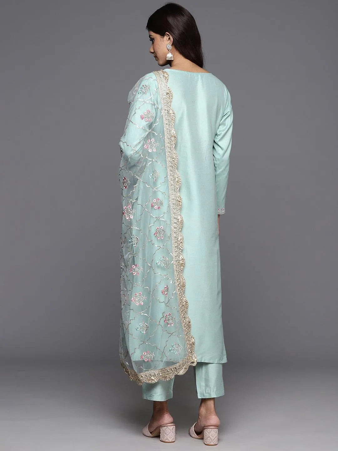 Sea Green Yoke Design Silk Blend Straight Kurta With Trousers & Dupatta - Libas 