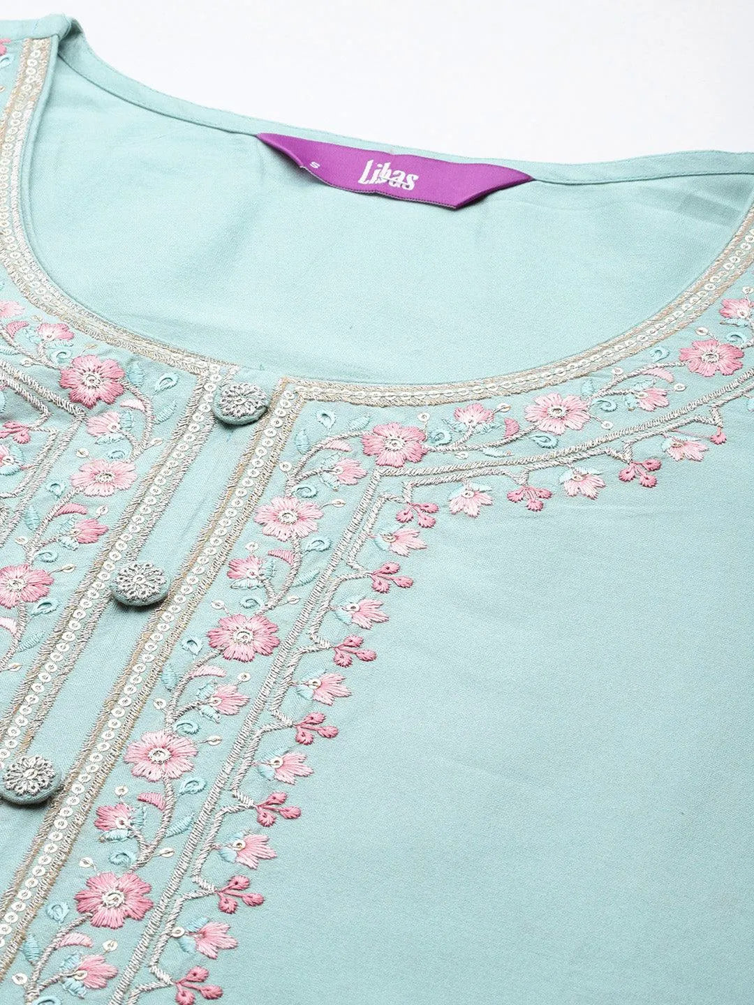 Sea Green Yoke Design Silk Blend Straight Kurta With Trousers & Dupatta - Libas 