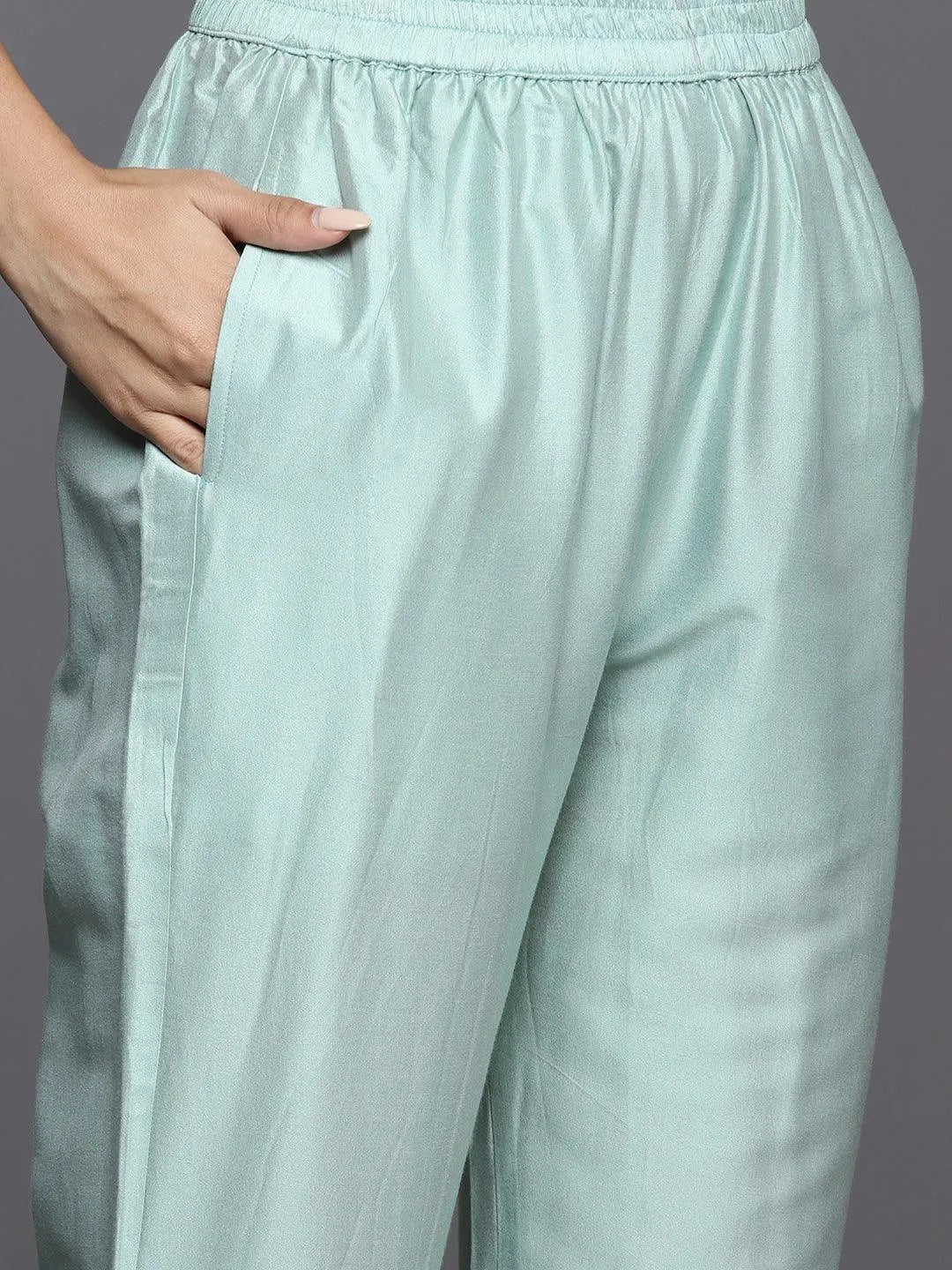 Sea Green Yoke Design Silk Blend Straight Kurta With Trousers & Dupatta - Libas 