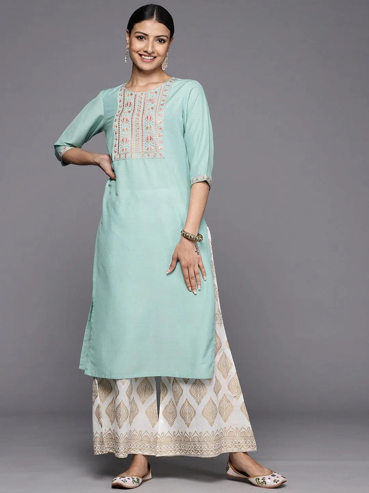 Sea Green Printed Silk Straight Kurta - Libas