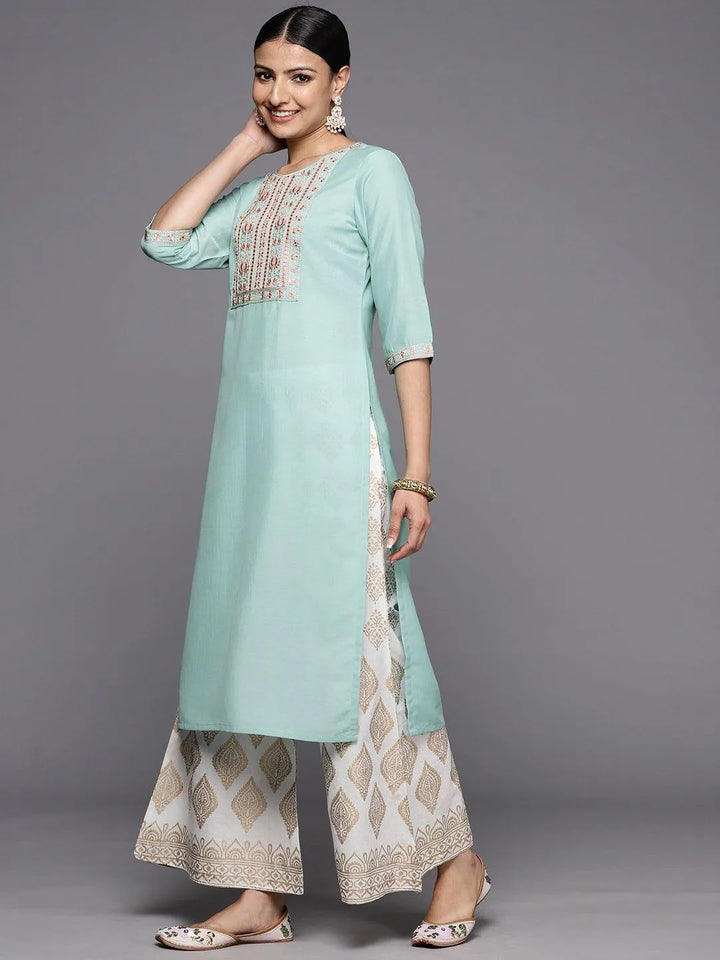 Sea Green Printed Silk Straight Kurta - Libas