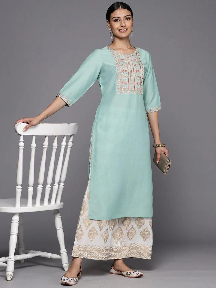 Sea Green Printed Silk Straight Kurta - Libas