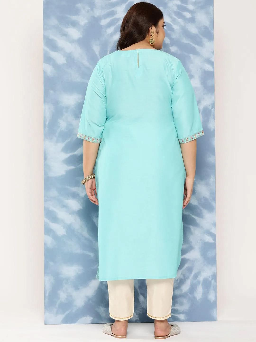 Sea Green Yoke Design Silk Straight Kurta - Libas 