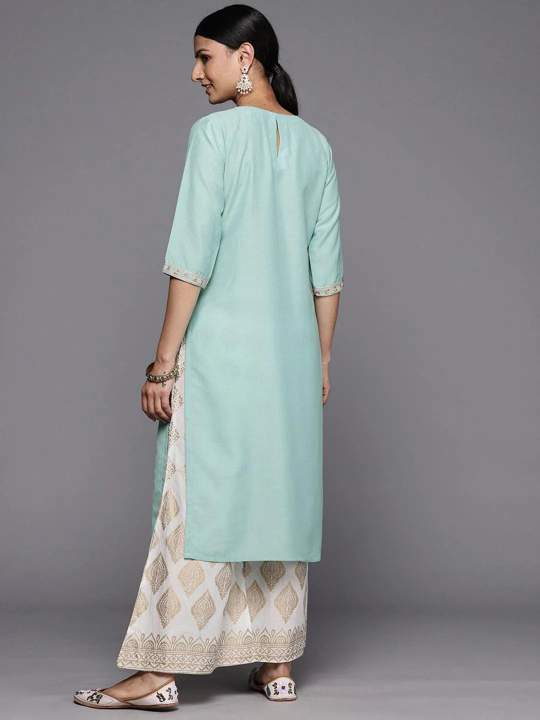 Sea Green Printed Silk Straight Kurta - Libas