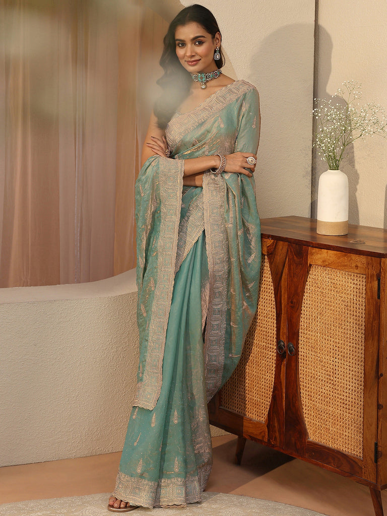 Libas Seafoam Blue Ethnic Embellished Tissue Saree