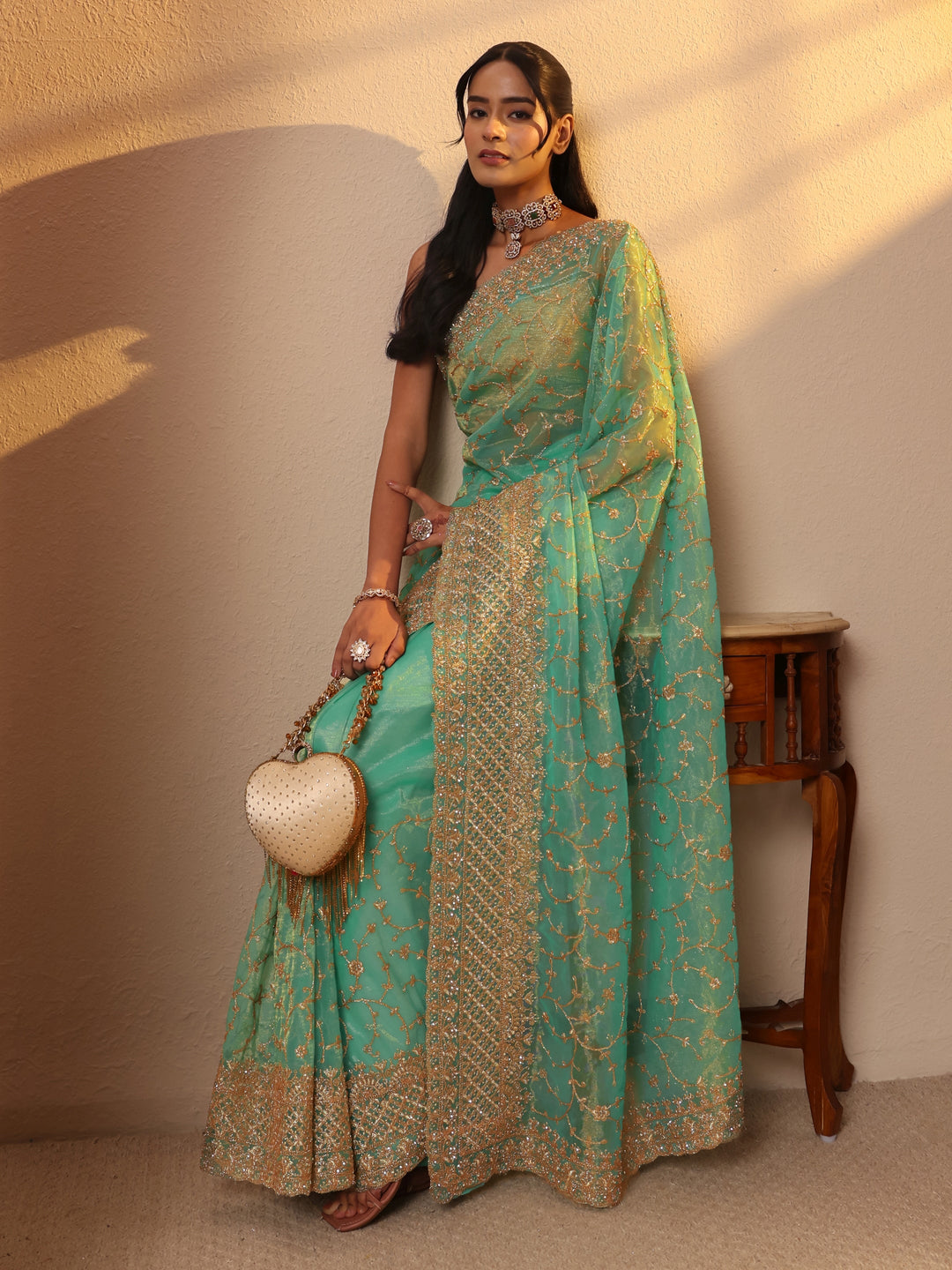  Seafoam Green Floral Embroidered Net Saree 