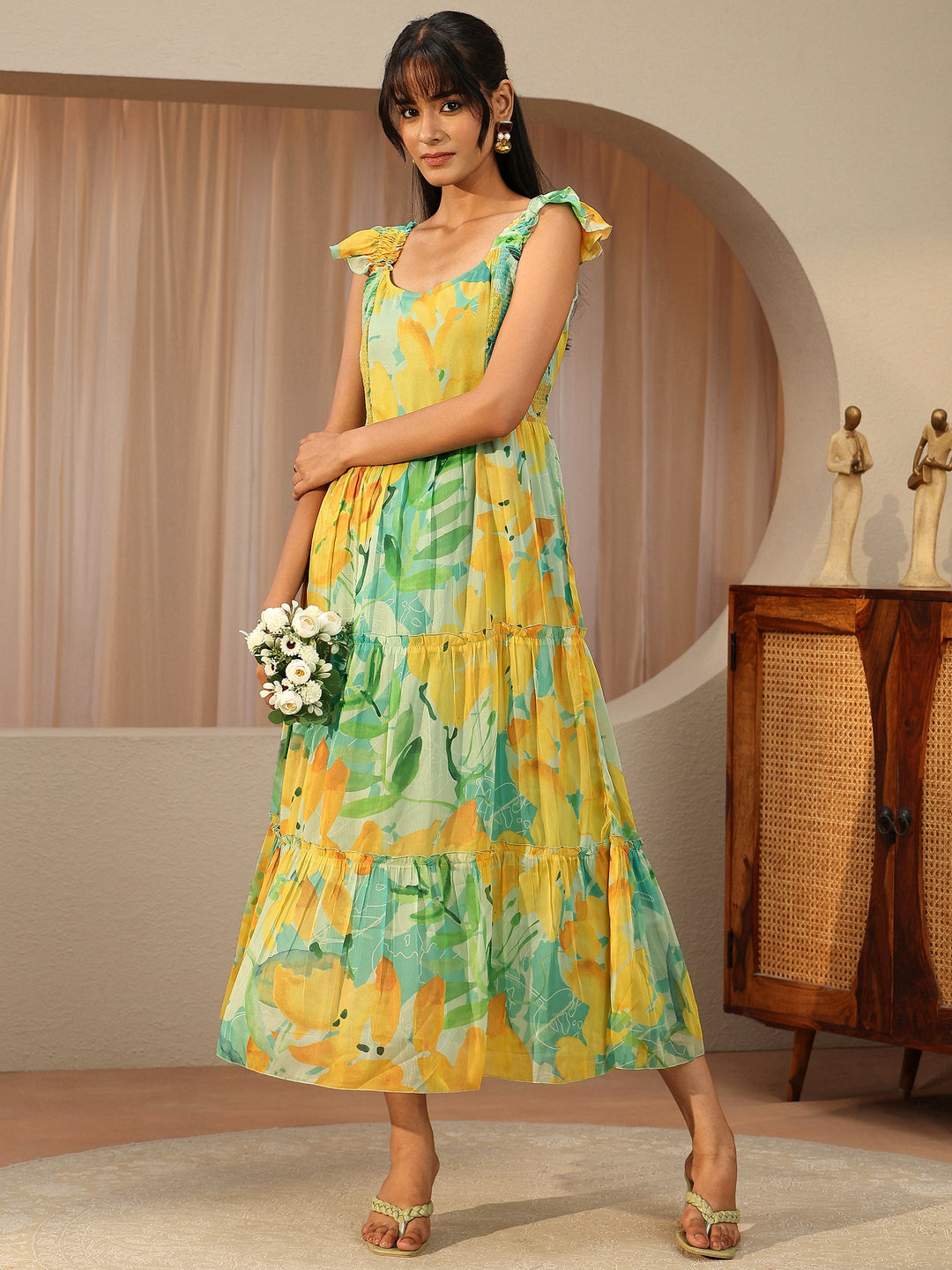  Seafoam Green Floral Printed Chiffon Tiered Dress 