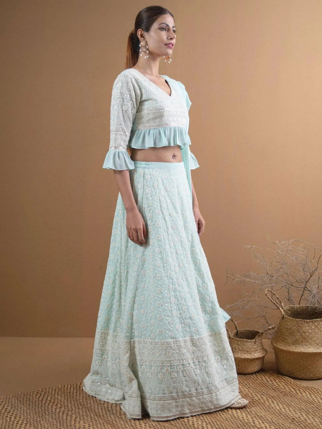 SIARA Blue Schiffli Georgette Lehenga Set - Libas 