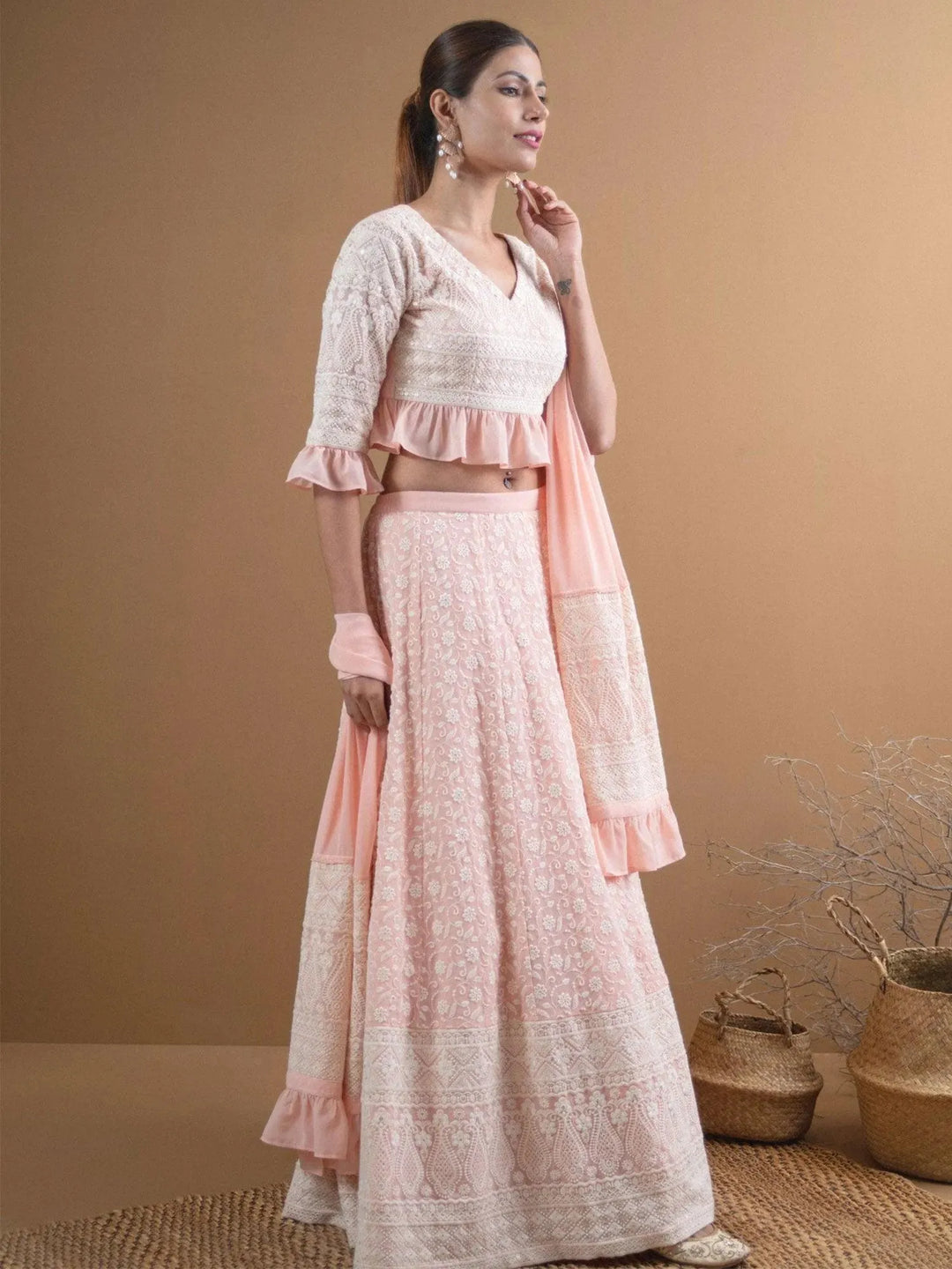 SIARA Pink Schiffli Georgette Lehenga Set - Libas