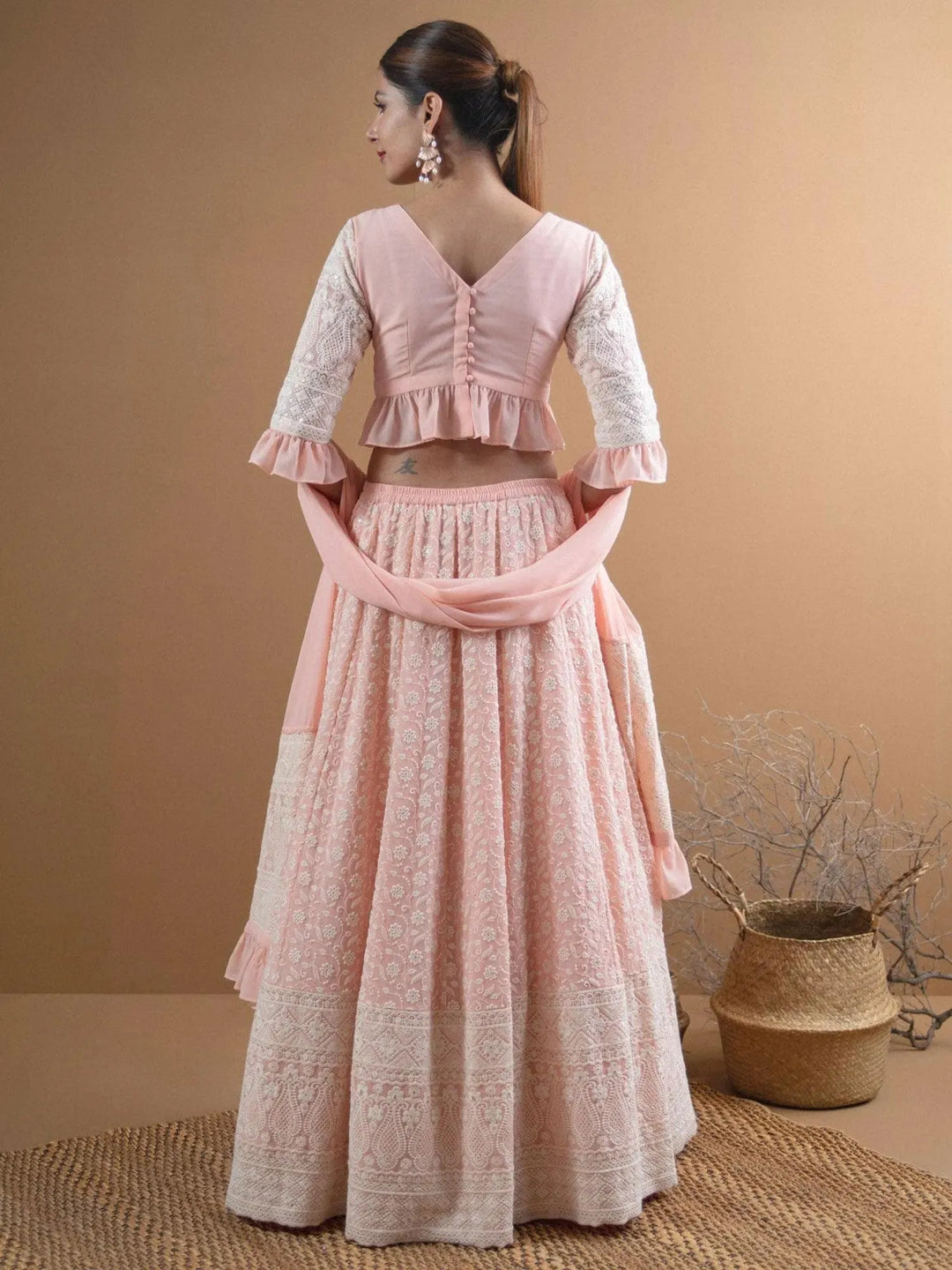 SIARA Pink Schiffli Georgette Lehenga Set - Libas 