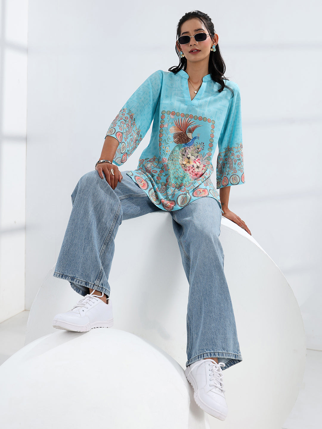 Sky Blue Printed Cotton Blend Straight Short Kurti 
