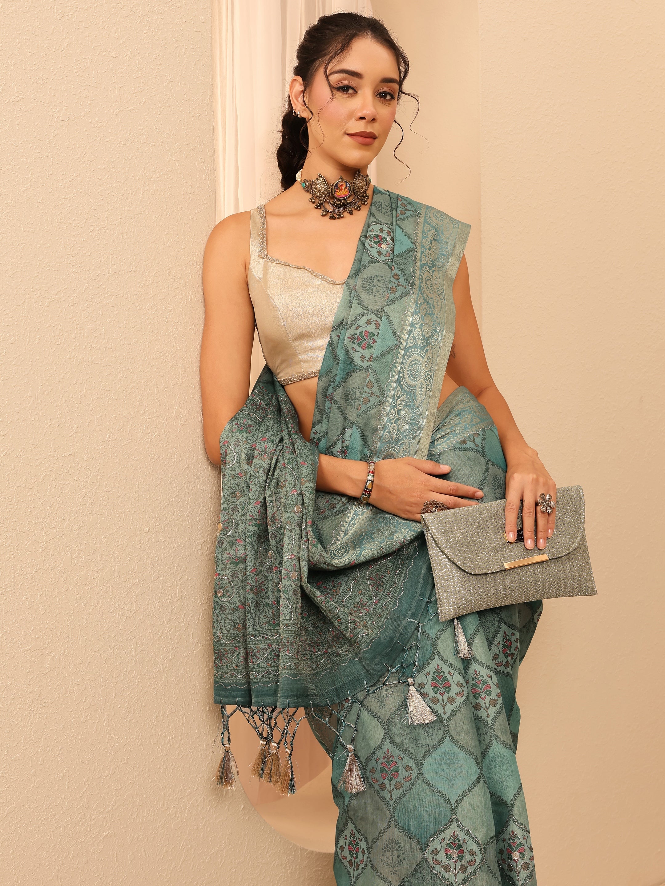 Slate Blue Geometric Printed Silk Blend Saree-image-29
